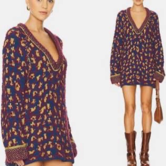 Free People Little Animal Pullover Chunky Knit Oversized Fig Combo Sweater Sz S - Picture 1 of 8